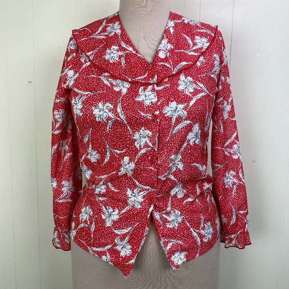 Vintage Tops - Vintage Vayola Red w/ White Florals Button Down